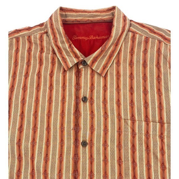 Tommy Bahama 100% Silk Shirt Burnt Orange / Tan Stripes Long Sleeves Men’s XXL - Picture 8 of 13